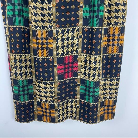 Vintage blue tan wool bridle equestrian plaid 80s 90s midi skirt small - Picture 3 of 8